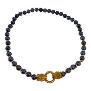 Collier Lion en Or Jaune 18ct & Perles Montées sur Fil